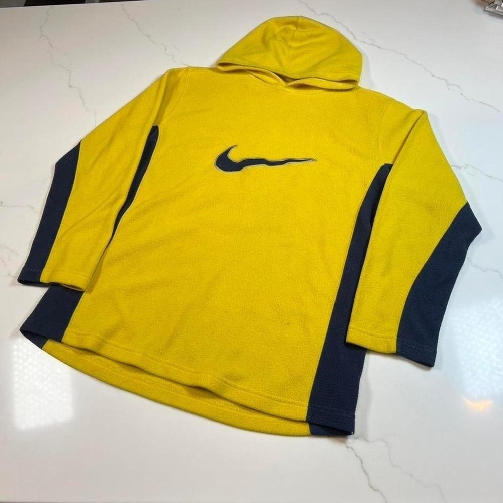 Vintage Nike Fleece Hoodie Yellow Navy Colorblock Embroidered Swoosh XL Y2K